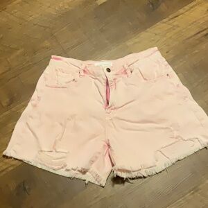 Soft Pink Jean Shorts with Distressed Frayed Hem